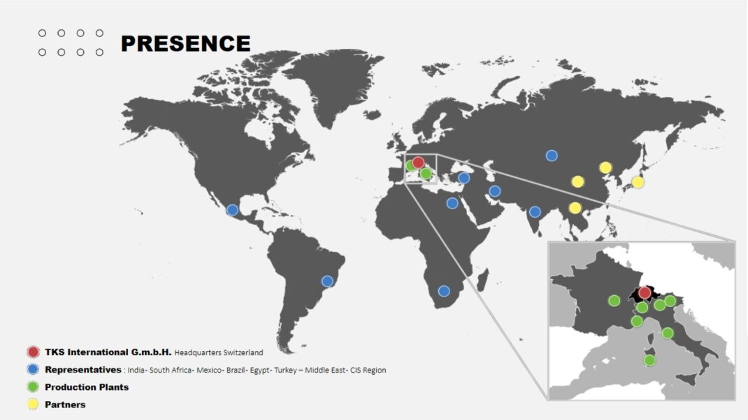 KS International G.m.b.H. Headquarters Switzerland  Sales Representative Office: India - South Africa - Mexico - Brazil - Egypt - Turkey - Iran - Baltic Production plants in Italy <br />Partners 